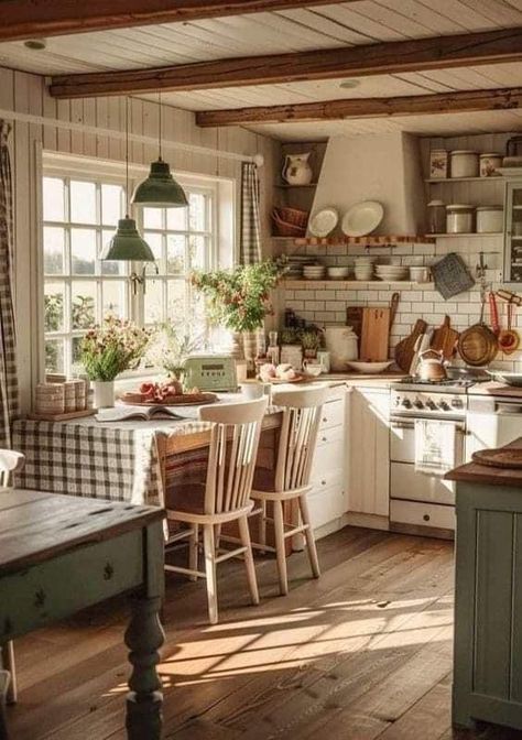 Cottage Farm Interior, Antique Cottage Kitchen, Cottagecore Decor Kitchen, Fairy Core Kitchen, Modern Cottage Core Kitchen, Baking Kitchen Aesthetic, Cottage Themed House, Cottagecore Aesthetic House Interior, Grandmas House Aesthetic