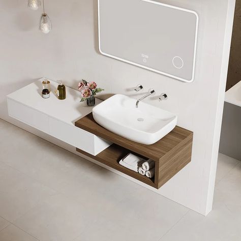 41"-63" Extendable Floating Bathroom Vanity Set Wall Mounted Vanity in White & Walnut Floating Vanity Bathroom, Modern Black Bathroom, Floating Sink, Wall Mounted Bathroom Cabinets, Mounted Vanity, Small Bathroom Vanities, Floating Bathroom Vanity, Vanity Design, Floating Vanity