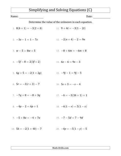 The Combining Like Terms and Solving Simple Linear Equations (C) Math Worksheet from the Algebra Worksheets Page at Math-Drills.com. Basic Algebra Worksheets, Algebra Equations Worksheets, Solving Algebraic Equations, Math Basics, Multi Step Equations Worksheets, Evaluating Algebraic Expressions, Algebra 2 Worksheets, Pre Algebra Worksheets, Literal Equations