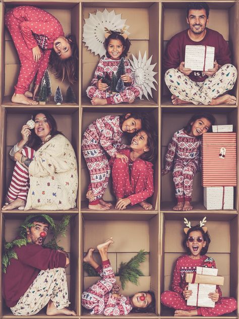 Fun Family Holiday Photos, Holiday Box Photoshoot, Family Box Photoshoot, Cousins Christmas Pictures, Indoor Winter Family Photos, Wrapping Paper Photoshoot, Home Alone Photoshoot Ideas, Christmas In A Box Photoshoot, Family Christmas Box Photos