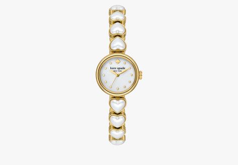 Monroe Heart Pearl Bracelet Watch | Kate Spade New York Cute Gold Watch, Dainty Watches For Women, Thrifting Jewelry, Heart Pearl Bracelet, Jewellery Watch, Anastasia Grey, Pearl Watch, Vintage Gold Bracelet, Kate Spade Watch