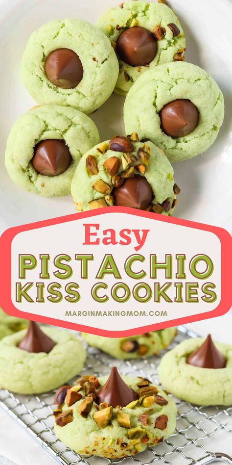 These easy pistachio kiss cookies are a fun variation on the classic peanut butter blossoms. They're made with pistachio pudding and your favorite variety of Hershey Kiss (I like milk chocolate!), making them a delicious option for holiday gatherings or year-round fun. Grinch Kiss Blossoms, Christmas Cookies Hershey Kiss, Pistachio Pudding Mix Recipes, Gluten Free Pistachio Cookies, Pistachio Christmas Cookies, Recipes With Hershey Kisses, Kiss Cookies Christmas, Italian Pistachio Cookies Recipe, Cherry Pistachio Cookies