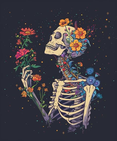 Skeleton Holding Flowers, Calaveras Aesthetic, Skull Flower Art, Stuffed Pumpkin, Skeleton Flower, Inspirational Digital Art, Skeleton Drawings, Skull Art Drawing, Skull Flower