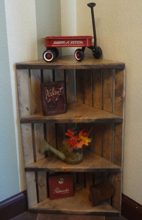 Corner Unit Rustic Shelves Corner Crate Shelf Grey Shelving Knick Knack Display Storage Ideas This is a rustic corner unit or crate shelf and can be hung on a wall or can be used to sit on a counter or floor to display your items! Display your knick knacks or collectables. The color shown is a Corner Crates Ideas, Wood Crate Shelves On Wall, Diy Shelves Design, Diy Shelves Ideas, Rustic Corner Shelf, Crate Shelf, Corner Shelf Ideas, Wooden Corner Shelf, Wood Corner Shelves