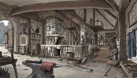 Fantasy Forge Concept Art, Medieval Forge, Interior Concept Art, Alien Artifacts, Fantasy City Map, Environment Painting, Fantasy Shop, Building Concept, Location Inspiration