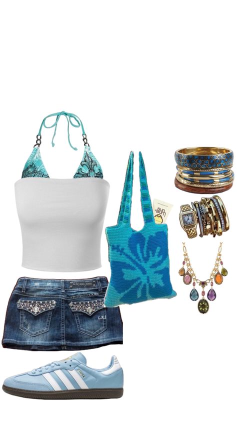 #adidassambas#blue#summerfit#y2k#beach Blue Y2k Outfit, Beach Aesthetic Outfits, Beach Girl Outfits, Aesthetic Outfits Y2k, Y2k Outfits Summer, Mcbling Fashion, Y2k Beach, Outfits 2000s, Y2k Summer Outfits