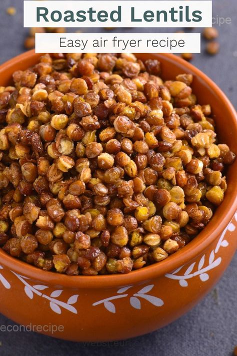 I like to air fry lentils (different types), of these I found that these (horsegram/french lentils) are the easiest one. Other types of lentils such as yellow lentils,mung beans can be air fried in a similar way. Crunchy Lentils, Air Fried Vegetable Recipes, Roasted Lentils, Fried Beans, Yellow Lentils, French Lentils, Lentil Dishes, Plant Based Snacks, Lentil Recipes