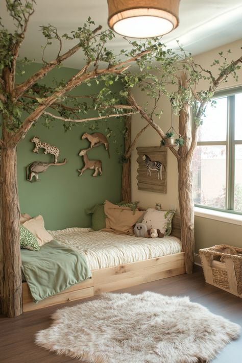 Some fun ideas to make your kid happy with their room's decor. Woodland Theme Home Decor, Kids Forest Themed Bedroom, Woodland Forest Room, Forest Green Playroom, Forest Theme Bedrooms For Kids, Nature Themed Kids Bedroom, Camp Themed Room, Jungle Theme Toddler Room, Woodland Bedroom Ideas