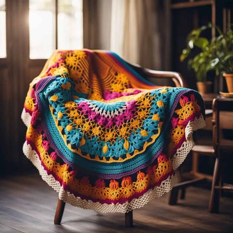 17 Mandala Blanket Crochet Patterns: Create Stunning Throws with Ease! Vibrant Crochet Blanket, Creative Crochet Blankets, Boho Crochet Patterns Blanket, Intermediate Crochet Blanket Patterns, Cool Crochet Blanket Patterns, Crochet Blanket Mandala, Crochet Mexican Blanket, Celestial Crochet Patterns, Boho Crochet Blanket Patterns Free