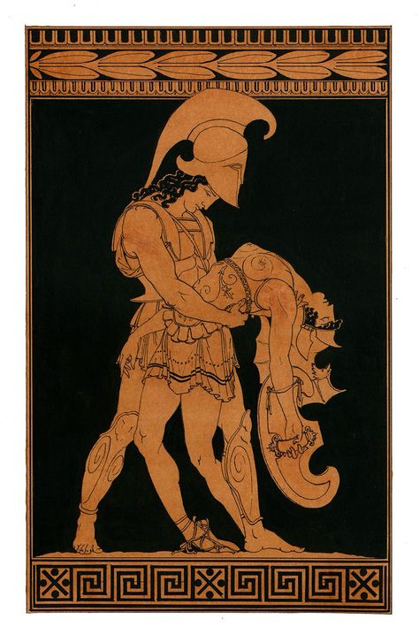 Achilles hold the body of Pentheselia , the Amazon. Ancient Greek Vase, Greek Vase, Ancient Greek Pottery, Greek Warrior, Ancient Greek Art, Greek Pottery, Greek And Roman Mythology, Greek Mythology Art, Mythology Art