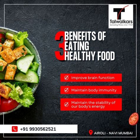 3 benefits of eating healthy food...👇🏻
 
1. Improve brain function
2. Maintain body immunity
3. Maintain the stability of our body energy
 
Contact Us - 9930562521 Benefit Poster Design, Benefits Poster Design, Healthy Food Ads, Crossfit Benefits, Gym Moodboard, Nutrition Social Media, Diet Poster, Healthy Brands, Gym Poster