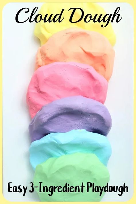 It takes just 3 simple ingredients (cornstarch, lotion or conditioner), and food colouring (optional) to make this simple, no-cook playdough that is a blast to play with. Kids have fun making the playdough, too! #clouddough #playdough #playdo #cornstarchplaydough #nocookplaydough #3ingredientplaydough #2ingredientplaydough #kidscooking #lotionplaydough Best Playdough Recipe Ever, Corn Starch Play Dough Recipe, Allergy Free Playdough Recipe, Play Doh Recipe No Cook, Play Dough With Conditioner, No Salt Playdough, Individual Playdough Recipe, Homage Play Dough, Cornstarch Conditioner Dough