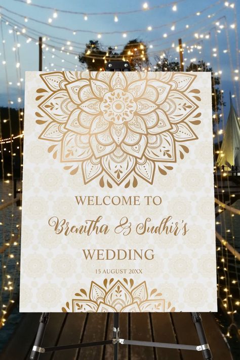 Golden mandala wedding personalized welcome sign Wedding Name Board Indian, Indian Wedding Signs, Indian Wedding Welcome Sign, Sunboard Design, Welcome Board Wedding Entrance, Indian Wedding Welcome Board, Welcome Board Design, Luxe Packaging, Reception Welcome Sign