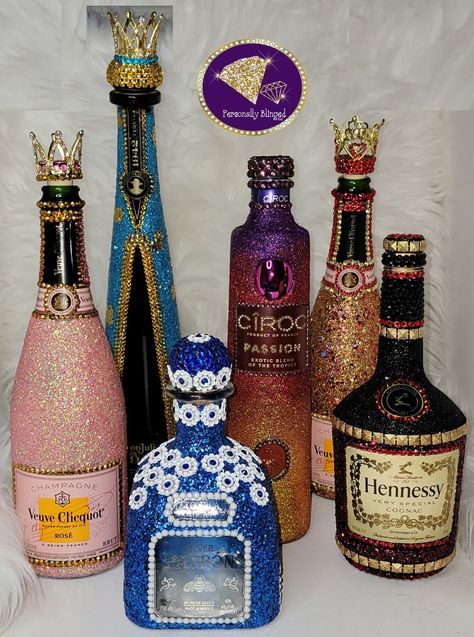 Wine Bottle Design Ideas, Decorated Alcohol Bottles For Guys, Bedazzled Alcohol Bottle, Alcohol Decorations, Custom Alcohol Bottles, Custom Liquor Bottles, Decorated Alcohol Bottles, Bejeweled Bottles, Alcohol Bottle Decorations