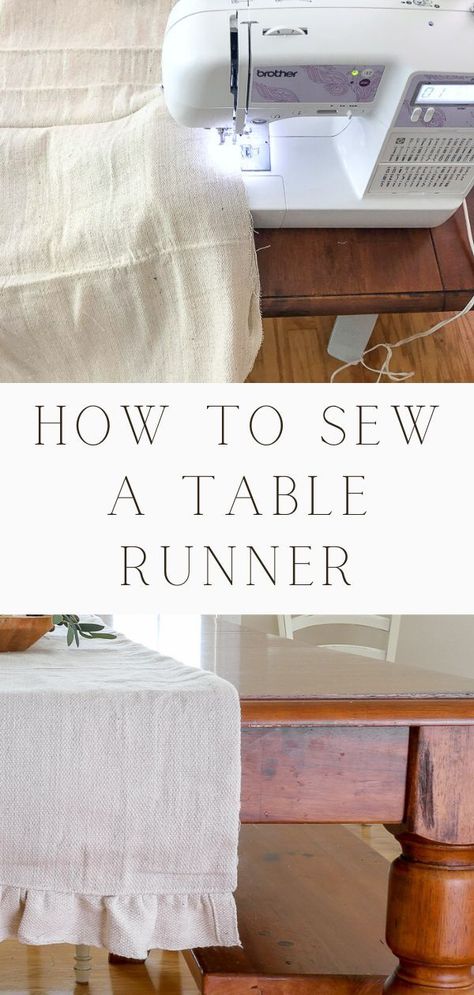 How to sew a table runner using a dropcloth. This ruffled table runner is great for beginners. Easy to make at home for your holiday table decorations. Drop cloth ruffled design. Includes a pattern that is simple to follow. Step by step directions. You can use grain sack canvas fabric too. DIY sewing project that is simple and fun. Perfect for fall, holidays like Christmas and Thanksgiving. Fits the farmhouse, cottage or french country look. Includes free table runner patterns. Sewing Projects Table Runners, Dresser Scarf Ideas Table Runners, Home Made Table Runners, Neutral Quilted Table Runners, Sewing Projects For Around The House, Diy Sewing Decor, Tablecloth Sewing Pattern, How To Sew Table Runner, Homemade Table Runners