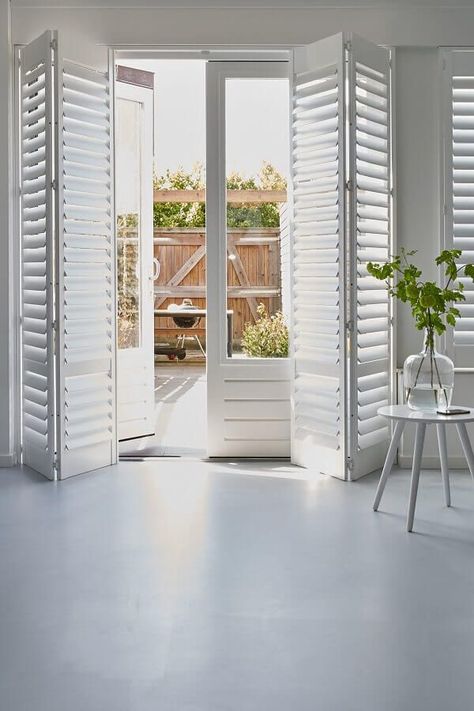 bedroom window treatments ideas Shutters On French Doors Interior, Blind For French Door, Shutters For French Doors, Patio Door Shutters, Sliding Door Shutters, French Door Shutters, Big Windows Living Room, Norman Shutters, French Door Coverings