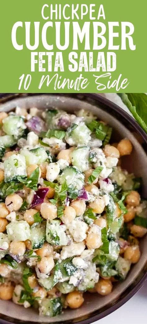 This protein packed Summer salad comes together quickly and easily and features canned chickpeas, crunchy cucumbers, and salty feta cheese. This lemon Greek salad can also be customized by adding your favorite herbs like mint, dill, or basil and is a great healthy side dish that comes together in just 10 minutes or less! Make for memorial day or fourth of july! Cucumber And Bean Salad, Mediterranean Diet Chickpea Salad, Chickpeas Cucumber Salad, Wet Salad Recipes, Chickpea Tzatziki Salad, Taziki Chickpea Salad, Side Dishes With Feta Cheese, Cucumber Jar Salad, Trending Cucumber Salad