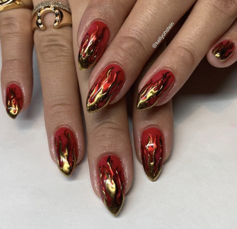 KELLY ORNSTEIN on Instagram: "Red jelly & Double chrome flames 🔥 on @just_lainie #kellyohstein #seattlenails #handpaintednails #chromenails #chromenailart #flamenails #rednails #lainiekostudio" Nails With Gold Chrome, Red Nails With Gold, Vampy Nails, Red Chrome Nails, Gold Chrome Nails, Red And Gold Nails, Nails With Gold, Chrome Nail Art, Red Manicure