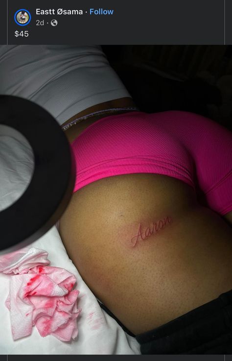 My Man Tattoo, Under Cheek Tattoos For Black Women, Buttcheek Tattoo Black Women, Nickname Tattoo Placement, Hidden Name Tattoo Ideas For Women, Tattoos On Buttocks For Black Women, Mans Name Tattoo, Tattoo Ideas For Men For Girlfriend, Places To Get Boyfriend Name Tatted