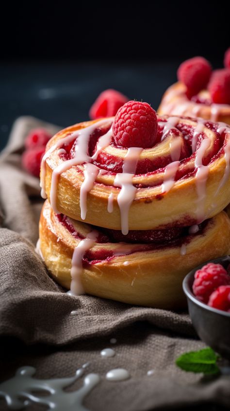 Raspberry Cinnamon Rolls with Lemon Glaze [1 Hour] – Chasety Cinnamon Rolls Decoration, Raspberry Cinnamon Rolls, Cinnamon Rolls Aesthetic, Bun Aesthetic, Colorful Breakfast, Lemon Glaze, Cinnamon Bun, Baking Muffins, Baked Goodies