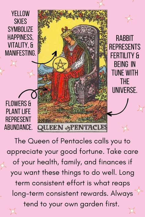 The Queen of Pentacles represents various meanings related to aspirations, abundance, nurturing, practicality, and security. If you pull the Queen of Pentacles it may indicate that you are like the queen and/or she can teach you a few things about maintaining your kingdom. Continue to look even deeper into the symbolic and profound lessons hidden in the Queen of Pentacles by clicking the link below. #tarotcardmeanings #spirituality #spiritualknowledge #tarot #queenofpentacles #abundance Queen Of Pentacles Tarot Meaning Reverse, Queen Of Pentacles Aesthetic, Pentacles Tarot Cards, Tarot Queen Of Pentacles, Queen Of Pentacles Tattoo, Queen Of Pentacles Reversed, Queen Of Pentacles Tarot Meaning, Tarot Explained, Queen Of Pentacles Tarot Card