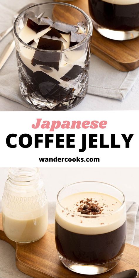 What’s better than a coffee you can drink? Coffee you can eat! Japanese Coffee Jelly is a light dessert made in advance and ready to impress. Only 5 ingredients! Japanese Coffee Jelly Recipe, Jelly Dessert Ideas Easy Recipes, Japanese Recipes Dessert, Japanese Jelly Coffee, Japanese Drinks Recipe, Cafe Food Recipes, Easy Japanese Dessert, Japanese Coffee Jelly, Coffee Jelly Recipe