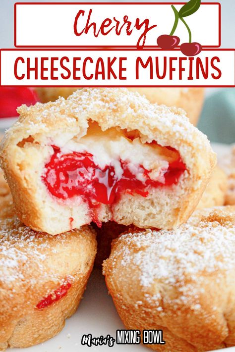 These cherry cheesecake muffins feature a rich cherry cheesecake filling surrounded by tender, flaky crescent dough muffins. Cherry Cheesecake Muffins, Cherry Cheescake, Cake Bars Recipe, Cherry Muffins, Baking Recipes Pie, Cheesecake Muffins, Canning Cherry Pie Filling, Canned Cherries, Filled Muffins