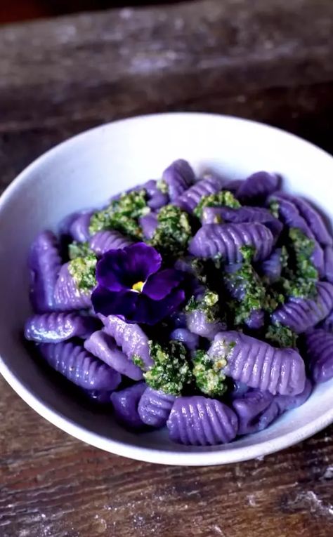 Purple Potato Gnocchi Recipe, Purple Potato Appetizer, Purple Pasta Recipe, Mashed Purple Potatoes, Blue Potatoes Recipe, Elaborate Dinner Recipes, Ube Gnocchi, Purple Sweet Potato Gnocchi, Purple Food Recipes