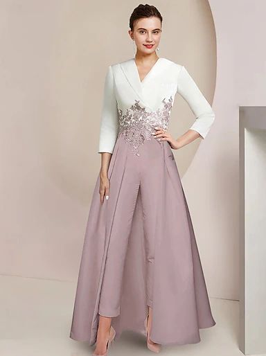 Two Piece Jumpsuit / Pantsuit Mother of the Bride Dress Formal Elegant Shirt Collar Floor Length Stretch Chiffon 3/4 Length Sleeve Wrap Included with Crystals Color Block 2024 2024 - $179.99 Mother Of The Groom Pant Suits Classy, Bride Pantsuit, Dress Formal Wedding Guest, Brides Mom, Formal Wedding Guests, Two Piece Jumpsuit, Mother Of The Bride Dress, Elegant Party, Suit Pants