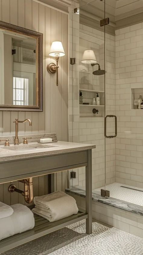 Inspiring Taupe Bathroom Ideas That Are Far From Boring - Decoholic Tan And Gray Bathroom, Gray And Beige Bathroom, 1970s Bathroom Remodel, Taupe Bathroom Ideas, Brown And Beige Bathroom, Tan Bathroom Ideas, Basement Bathroom Remodel, Powder Room Redo, Tan Bathroom