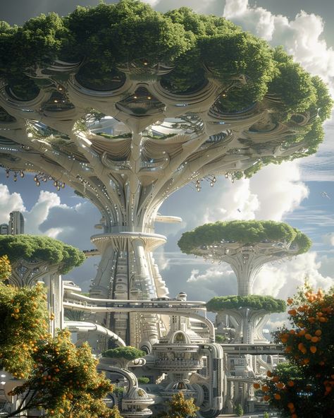 Nature Magic Art, Futuristic Village, Solarpunk Architecture, Alien Cities, Utopia World, Futuristic City Utopia, Futuristic Landscape, Future Earth, Sci Fi Architecture