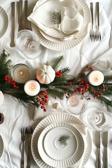 Create a sleek and elegant table with a Nordic Christmas theme. Learn how to achieve a minimalist look with clean lines and natural elements. Use a white or light gray tablecloth, simple white dishes, and touches of greenery like pine branches or eucalyptus. Add some wooden accents and candles for warmth. It’s a modern and stylish way to set your table, inspired by the simplicity and beauty of Scandinavian design. Whether you’re hosting a small family dinner or a festive gathering with ... Crate And Barrel Christmas Table, Small Table Christmas Decor, Nordic Christmas Table, Scandinavian Christmas Table, Christmas Inn, Gray Tablecloth, Lunch Table Settings, Scandinavian Table Setting, Christmas Table Setting Ideas