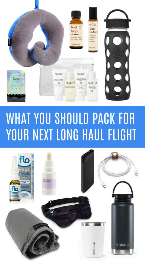 Find out what we recommend as our top travel products for a long haul flight or international trip. These travel must haves include the best travel products to help you sleep on a plane, essential oils, gadgets and tips to make your international flight as comfortable as possible - even in economy! Make sure your carry on luggage is perfectly packed for your next flight. Carry On For International Flight, Long Distance Travel Tips, International Flight Must Haves, International Flight Essentials, Celiac Travel, Airplane Flights, Long Haul Flight Tips, Long Haul Flight Essentials, Sleeping On A Plane