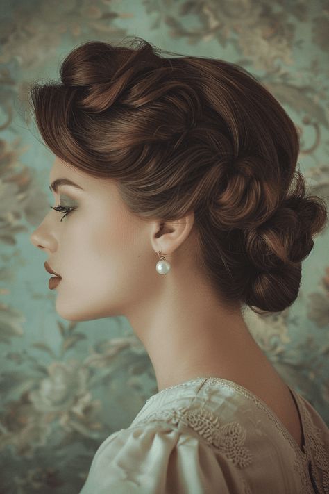 47 Up Dos for Medium Hair Over 40 - Project Hairstyles Bridesmaid Hairstyles Vintage, Retro Updo Hairstyles Wedding, Vintage Hairstyles For Medium Hair, Old Hollywood Wedding Hair Updo, 1950 Updo Hairstyles, Vintage Bridal Updo, 1940s Updo Hairstyles, Vintage Wedding Updo, Vintage Wedding Hair Updo