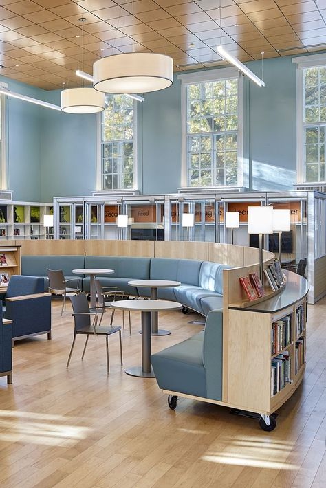 wood library shelving behind curved banquettes at Library of Philadelphia Library Furniture School, Public Library Design, Library Seating, Library Shelving, Tourism Design, School Library Design, Hallway Inspiration, Public Libraries, Library Chair