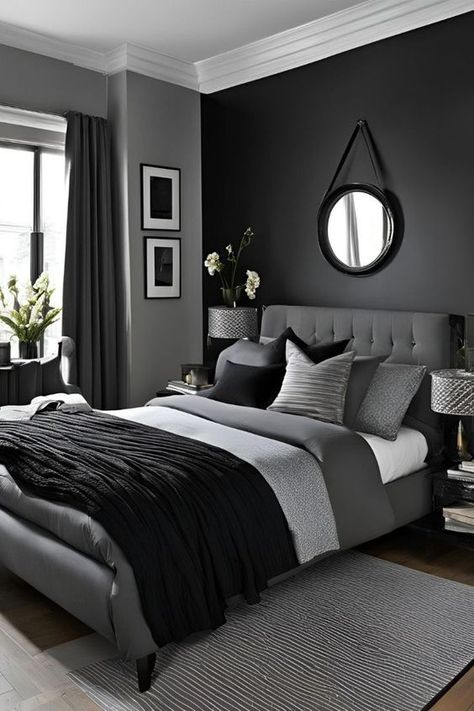 Grey Small Room Ideas, Black Color Bedroom Ideas, Black Paint Bedroom Ideas, Black Grey Room Decor Bedroom Ideas, Room Ideas Aesthetic Black And Grey, Grey Color Bedroom Ideas, Room Ideas Black And Grey, Bedroom Astethics, Black White Grey Room