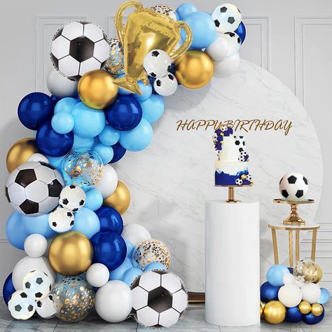 PRICES MAY VARY. Quantity:You will receive 10 latex soccer balloons, 5 big soccer ball balloons, 1 trophy balloon, 30 dark blue balloons, 30 blue balloons, 30 white balloons, 20 gold balloons, 10 gold sequined balloons, 1 roll of balloon strip, 2 rolls of ribbon, 100 glue point. Material:Latex balloons are made of high-quality materials. The big soccer ball balloons and trophy balloon are made of aluminum film. The balloons are not easy to break and can be reused. How to use: Helium balloons can Soccer Theme Birthday Party Centerpieces, Ball Theme Birthday Decoration, Football Themed Birthday Party For Men, Messi Party Ideas, Football Balloon Decorations, Football Themed Birthday Party Decorations, Soccer Banquet Ideas, Ball Themed Birthday Party, Soccer Birthday Decorations