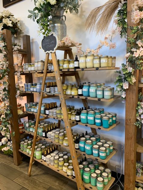 Boutique Candle Display, Candle Shop Display Ideas, Small Store Front Ideas, Apothecary Store Ideas, Retail Candle Display Ideas, Soap Shop Interior, Candle Display Craft Show, Candle Shelf Display, Candle Market Display