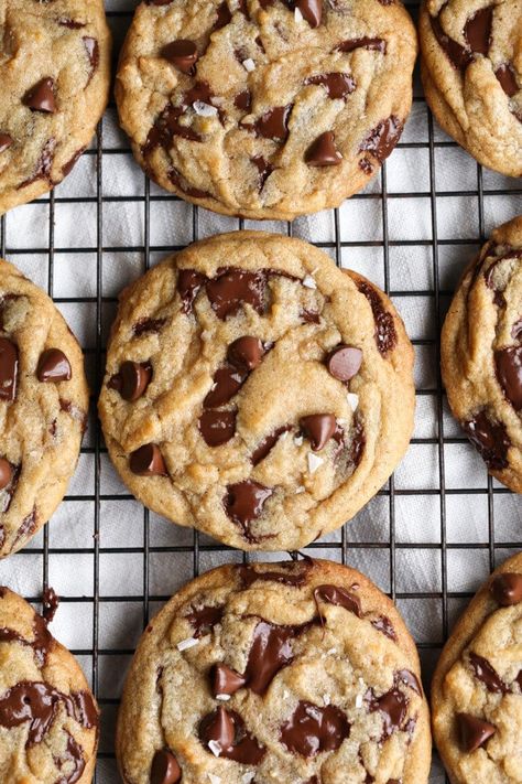 Salty Brown Butter Chocolate Chip Cookies are THE BEST chocolate chip cookies ever! I'm sharing all my tips on how to make the prettiest bakery-style cookies that require NO MIXER and NO CHILL TIME. This is my go-to chocolate chip cookie recipe...it's absolutely the best. #cookiesandcups #chocolatechipcookies #brownbutter #seasalt #cookierecipe Salty Chocolate Chip Cookies, Best Chocolate Chip Cookies Ever, Salted Chocolate Chip Cookies, Brown Butter Cookies, Brown Butter Chocolate Chip, The Best Chocolate Chip Cookies, Brown Butter Chocolate Chip Cookies, Best Chocolate Chip Cookies Recipe, Best Chocolate Chip Cookies