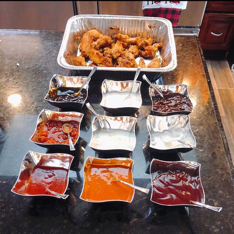 Chicken Wings Birthday Party, Wing Party Bar, Wings And Things Party, Wing Buffet Ideas, Chicken Tender Bar Party, Wing Bar Ideas, Chicken Wing Party Ideas, Wing Bar Wedding, Wings Party Food Ideas