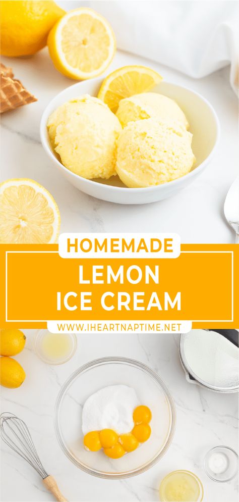 Lemon ice cream is the perfect summer combination of two favorite summertime treats - ice cream and lemonade all in one! So refreshing, bright and delicious. Homemade Lemon Ice Cream, Lemon Desert, Lemon Ice Cream Recipe, Lemon Dessert, Lemon Ice Cream, Lemon Ice, I Heart Naptime, Milk Ice Cream, Lemon Dessert Recipes