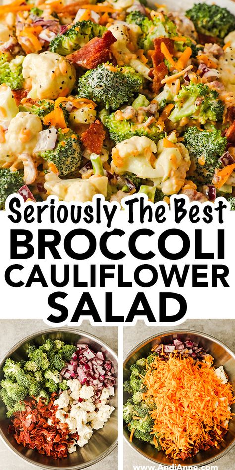 Delicious Broccoli Cauliflower Salad Recipe! This creamy salad with bacon is perfect for any gathering. Fresh, crunchy, and oh-so-satisfying! #SaladRecipe #CreamySalad #BaconLovers #HealthyEats #andianne Broccoli Salad With Cauliflower, Creamy Broccoli Cauliflower Bacon Salad, Cauliflower Salad With Bacon, Broccoli Cauliflower Salad With Raisins, Broccoli Cauliflower Carrot Salad, Recipes For Broccoli And Cauliflower, Non Dairy Salad Recipes, Crunchy Veggie Salad, Broccoli Cauliflower Salad With Bacon