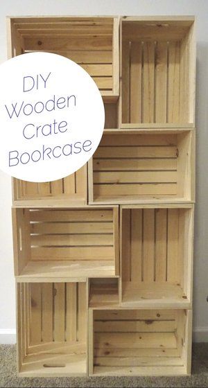 Crate Bookshelf Diy, Wood Crate Bookshelf, Unfinished Wood Crates, Crate Bookcase, Bookshelf Diy, Diy Wooden Crate, Crate Bookshelf, Diy Crate, Corner Storage