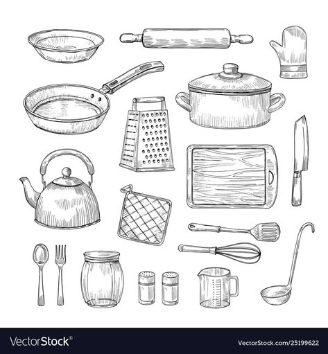 Cooking Utensils Drawing, Kitchen Utensils Drawing, Kitchen Tools Drawing, Utensils Drawing, Kitchen Objects, Pattern Sketch, Kitchen Drawing, Kitchen Tool Set, Object Drawing