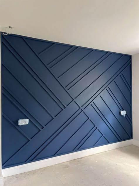 Navy Wood Paneling, Blue Wood Panel Wall, Geometric Panelling Bedroom, Blue Wall Panelling Living Room, Navy Bedroom Panelling Wall, Navy Blue Wall Paneling Bedroom, Navy Blue Bedroom With Wood Accent Wall, Feature Wall Panelling Bedroom, Navy Blue Paneling