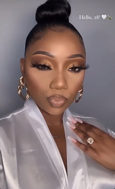 Makeup Looks For All White Outfit, Makeup Looks For Black Dress Black Woman, Black Woman Gold Makeup, Makeup For All White Outfit Black Women, Soft Glam Makeup Black Women Birthday, Engagement Makeup Black Women, Black Bridesmaid Makeup, Neutral Eye Makeup Black Women, Tamara Renaye Makeup