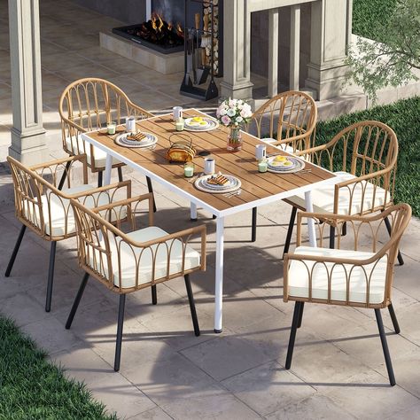 Fernald Beige 7-piece Outdoor Wicker Dining Set Patio Chairs and Table with Cushion - On Sale - Bed Bath & Beyond - 37182074 Relaxing Backyard, Wicker Dining Set, Wicker Dining Chairs, Rattan Dining, Dinner Table Setting, Rattan Dining Chairs, Wicker Patio Furniture, Outdoor Table Settings, Beige Cushions