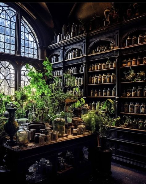 Apothecary Interior, Apothecary Bedroom, Herbalist Office, Witch Workspace, Alchemist Interior Design, Witchy Greenhouse, Apothecary Office, Dark Academia Bar Aesthetic, Gothic Apothecary