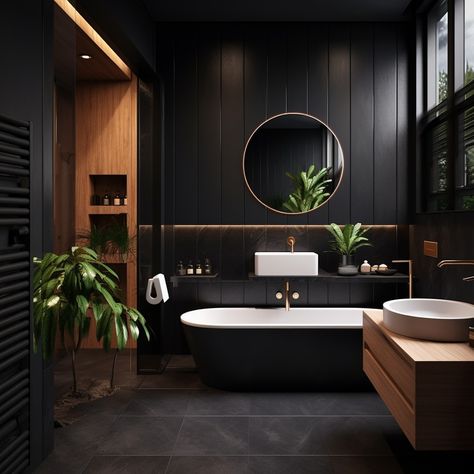 Contemporary elegance meets natural vibes in this stunning bathroom design. The bold black walls, warm wooden accents, and lush greenery create a perfect balance of modern and serene. 🌿🖤 Ready to turn your bathroom into a relaxation haven? Let me know what you think! #BathroomInspo #ModernBathroomDesign #BlackAndWood #SpaLikeBathroom #InteriorDesignGoals #BoldInteriors #MinimalistLuxury #DesignInspiration #ElegantSpaces #BathroomDecor #HomeInspo #ContemporaryLiving #ZenVibes #InteriorGoals #... Modern Moody Bathroom, Bnb Ideas, Moody Bathroom, Natural Vibes, Spa Like Bathroom, Stunning Bathrooms, Air Bnb, Bathroom Inspo, Lush Greenery