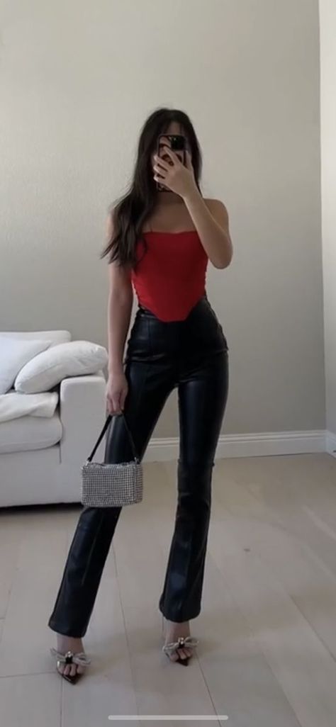 Red Top Leather Pants, Party Outfit Corset Top, Leather Pants Red Top Outfit, Leather Pants Christmas Party Outfit, Jingle Ball Outfit Ideas, Leather Pants Christmas Outfit, Night Out Outfit Clubwear Club, Club Outfit Winter, Night Out Outfit Clubwear Going Out